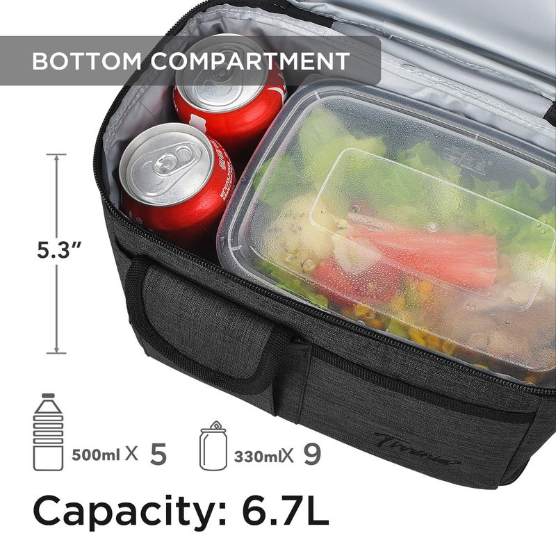 Tirrinia Insulated Lunch Bag  Leakproof Thermal Bento Cooler Tote for Women and Men  Dual Compartment with Shoulder Strap  10.3"" x 7.5"" x 8.6""  Black - Image 4